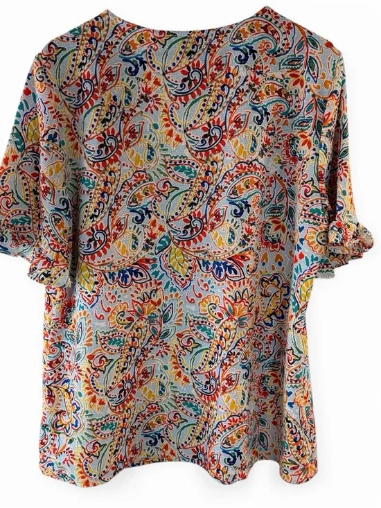 Zac & Rachel Colorful Paisley Ruffle Sleeve Blouse V-Neck Medium M - Picture 2 of 4